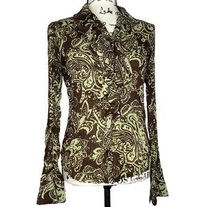 Y2K Vintage Women’s Blouse Paisley Ruffle Button Bohemian Brown‎ Green sz Large